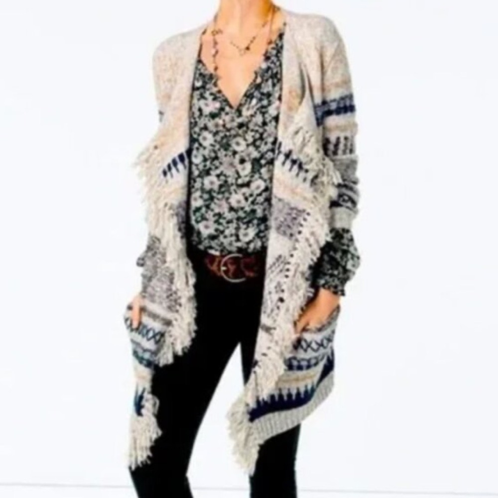CABI Shetland Fringe Western Boho Drape Oversized Waterfall Cardigan Sweater